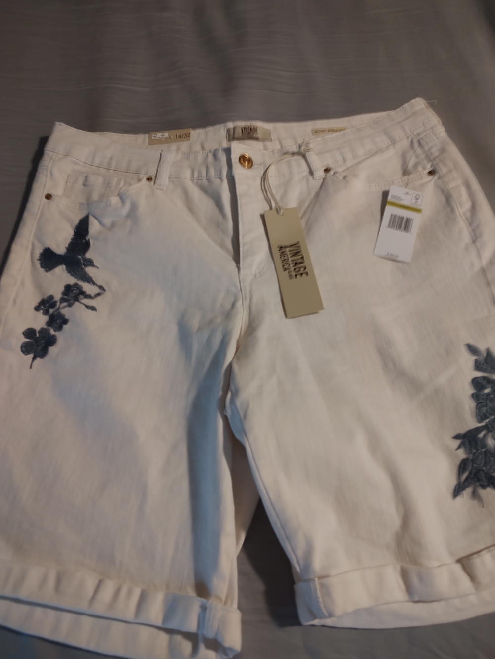 Vintage America White Denim Shorts with Navy Embroidered Bird